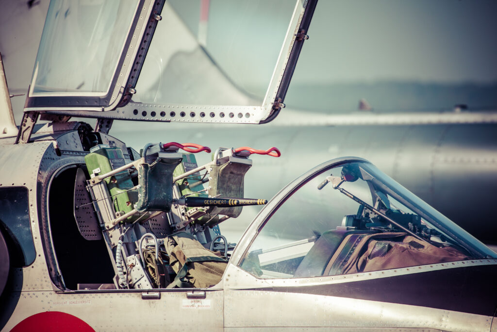 Aircraft with pilot seat open that shows the seat after activation.